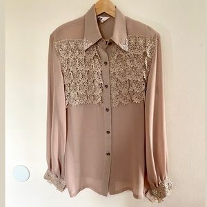 Pearl Embellished Lacy Collared Beige Blouse